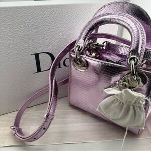 Christian Dior Lady Dior Lizard Metallic Pink Shoulder Bag